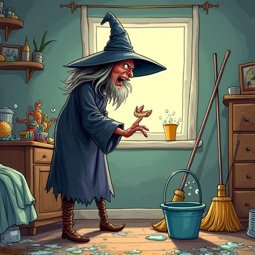 Comic-style illustration showing an angry witch shouting at magically animated cleaning tools in a messy room. The witch wears a pointed hat and tattered robe. The cleaning tools like mop, bucket, broom, and sponge have eyes and limbs. The mop looks scared, the bucket spills water, and the broom salutes nervously. Scene captures humor and exaggerated expressions.