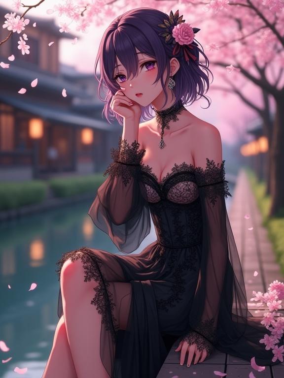 Full body elegant woman with dark violet hair and eyes seated gracefully by a gently flowing river. Captures elegance and quiet sophistication. Set in Kyoto’s Philosopher’s Path with traditional machiya townhouses in the background. Overhead willow branches and cherry blossoms with petals drifting. Warm lantern light creates a dreamlike ambiance. Poised and confident, with legs crossed, chin supported, relaxed arm draped elegantly. Wearing a striking black lace dress with floral embroidery, sheer sleeves shimmering in light. Decorative hair pieces, a velvet choker, and earrings. Cinematic anime style conveying serenity and grace.