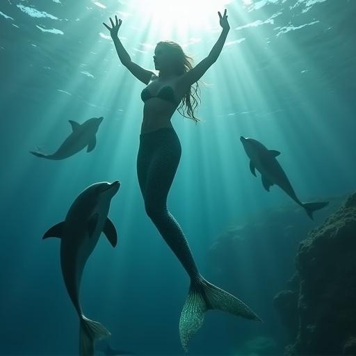 Wide body mermaid performs acrobatics underwater among dolphins. Front view captures cinematic elements with dramatic lighting. Oceanic setting enhances fantasy aspects.