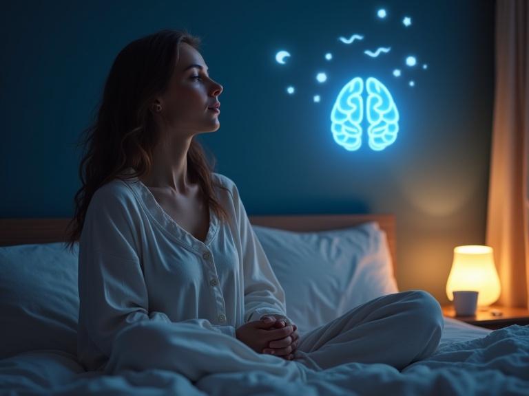 A woman sits in bed. She practices relaxation techniques before sleep. She wears comfortable pajamas. Soft pillows and cozy blankets surround her. A small lamp next to her bed casts a warm glow. Background features symbols of relaxation methods. These include soft waves, a gentle yoga pose, a book, and a tea cup. A glowing brain represents mental relaxation with soothing colors. The scene is serene and restful, evoking tranquility.