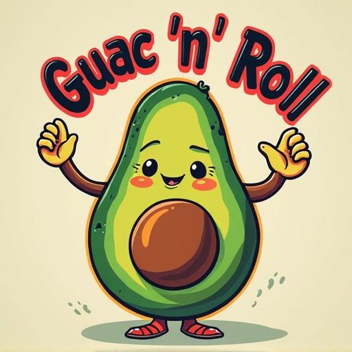 Smiling avocado holding hands with fun lettering. Characters and text in a vibrant style.