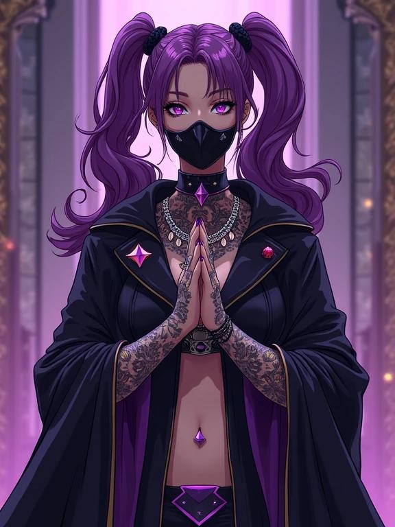 An anime-inspired female character stands gracefully in a luxurious church setting. She wears a black cloak and showcases several amethyst purple diamond accessories. Her purple eyes and oversized curly pigtails enhance her charm. The character has visible tattoos, muscular arms, and is in a prayer gesture. A soft glow illuminates the scene creating an elegant atmosphere.