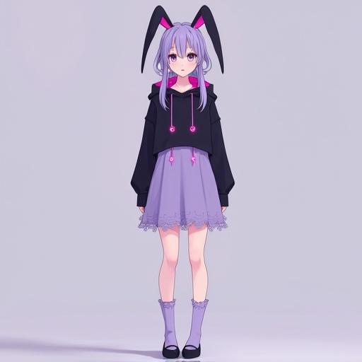 Full-body illustration of a slender young Japanese woman with lavender hair in twin-tails. She wears a lavender tube dress and a black cropped hoodie with bunny ears. Outfits feature pink lace trim and thigh-high lavender socks. Portrait taken in a studio setting.