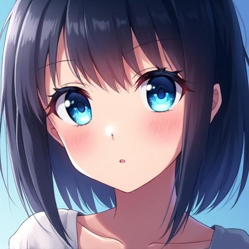 Anime girl portrait showcasing bright blue eyes. Character has short black hair and soft features. Illustration with gentle lighting effects.