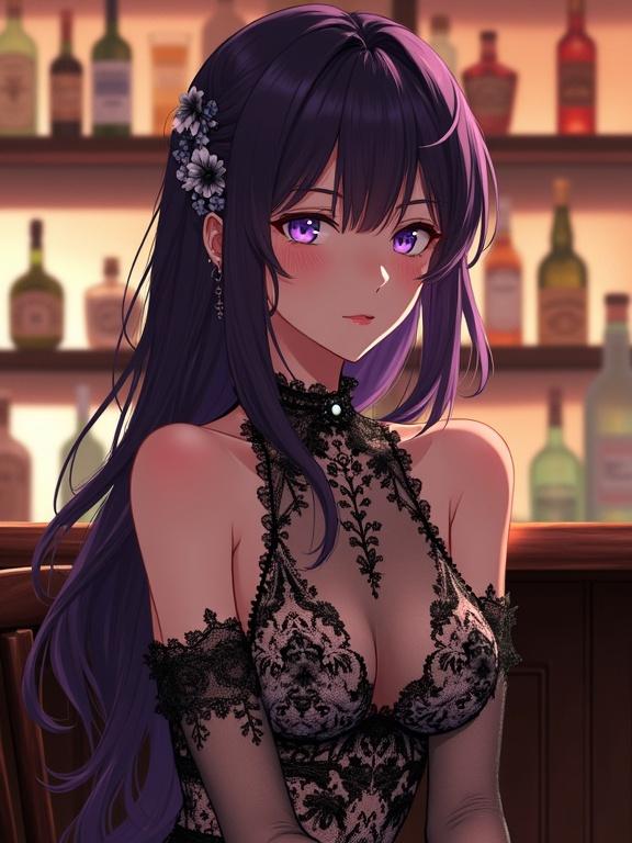 Anime-style lady sits at bar counter with shelves of alcohol behind. She wears a black and white lace dress with floral patterns. The dress reveals her collarbones and shoulders. Soft fabric enhances her silhouette. Lace sleeves add romantic allure. Her eyes are violet, expressive and captivating. Dark violet hair styled beautifully with floral accessories. Warm ambient lighting creates a cozy visual experience.