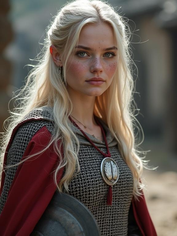 Photorealistic image of a beautiful young woman in a medieval setting. She has long pale blonde hair and freckles on her pale skin. Wearing a silvery chainmail coat covered with a red tabard. A shining silver pendant hangs around her neck. Holding a mace and a heater shield. The expression is caring, set against a village backdrop.