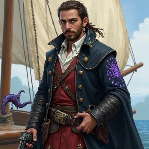 Image of a character named Endrick Tapejara. He is a cantankerous swashbuckler and fathomless warlock. He has a magical left hand shaped like a fishhook. Wears a black pirate coat with purple occult symbols. Holds a flintlock pistol. Standing on a ship.