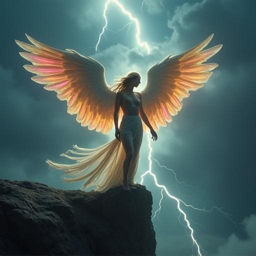 A naked angel stands on a dark cliff under a stormy sky. Their body is radiant like marble. Massive wings are spread wide with shimmering rainbow feathers. Wind pulls at their hair and wings. Lightning cracks in the distance. A surreal aura surrounds them.