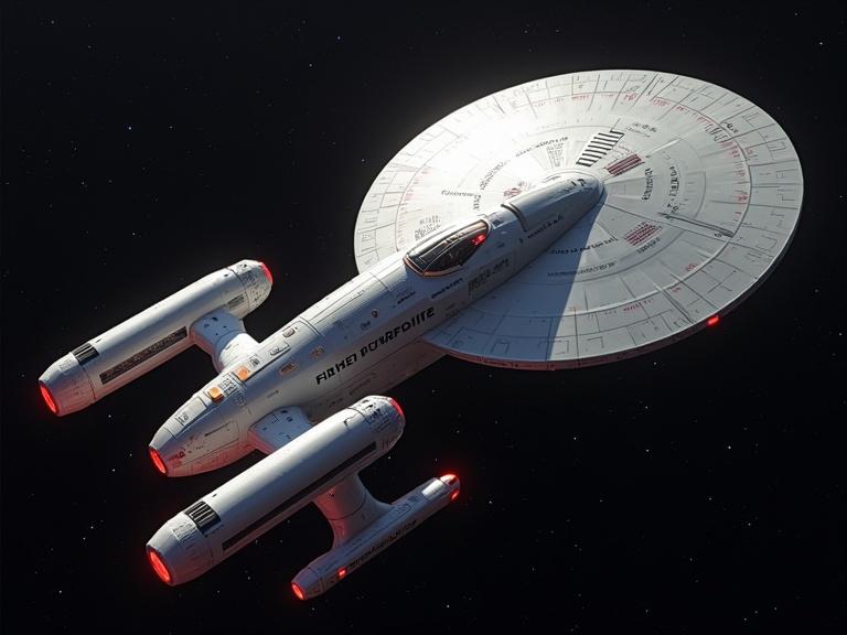 A starship inspired by Star Trek. The ship features four warp nacelles. The ship is seen from above with the name 'USS Fraunhofer' clearly visible. The setting is outer space with stars around it.
