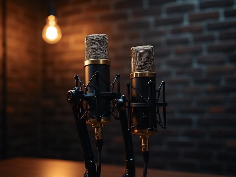 Professional podcast studio backdrop with a dynamic vibe. Two premium black and gold microphones on adjustable arms in the front. Dark brick wall stylish with dimmed LED lighting and warm ambient light. Backdrop designed for a football podcast. Realism and depth of field maintained.