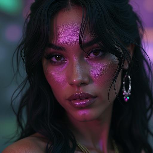 Close-up of Anitta's face transitions into Khameleon's over 3-4 seconds. Skin texture changes to iridescent hues of green and purple. Facial features blend into Khameleon's style. Background darkens for a mystical effect. Ends with Khameleon looking at viewer confidently. No text, focus on seamless transformation.