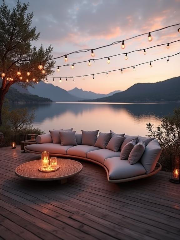 Stylish outdoor lounge at a lakeside deck during twilight. Cozy atmosphere created by string lights and candle lanterns. L-shaped sectional sofa in muted tones with a round woven coffee table. Surrounded by olive plants and views of calm lake and mountains.