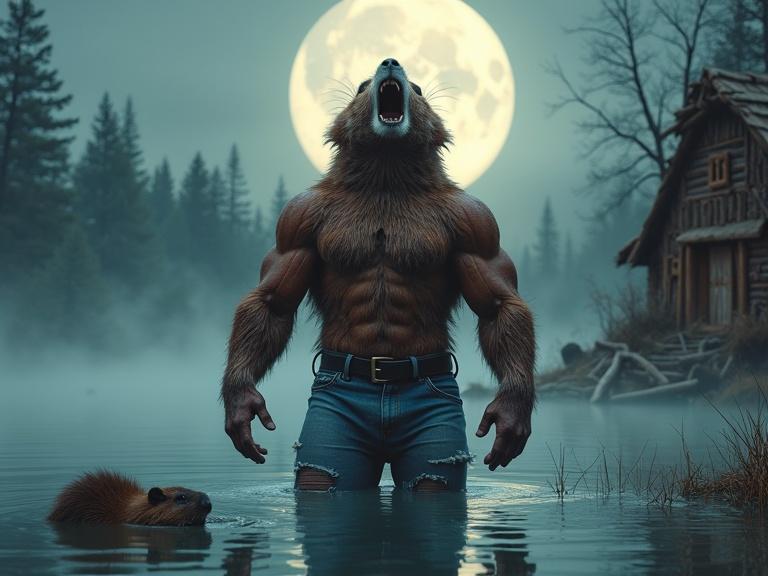 Humanoid beaver character howling at the full moon. Character emerges from a serene lake wearing tattered blue jeans. Well-defined upper body covered in fur. Powerful arms and physique on display. Nearby a beaver swimming. Beaver lodge made of twigs and branches in the foreground. Tranquil forest background with mist hovering above the water.