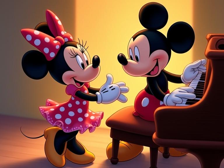 A Disney cartoon featuring Mickey Mouse playing the piano. Minnie Mouse in a red polka dot dress dances the Lambada. The scene is vibrant and fun. Cute characters interacting joyfully.