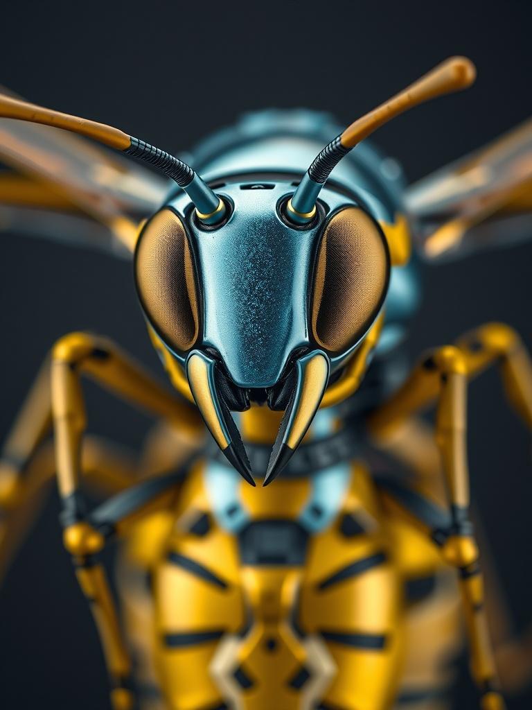 This close-up illustration depicts a mechanical wasp, blending nature with technology. The insect's body is composed of metallic structures with intricate details, showcasing a futuristic design. Its vibrant yellow and metallic blue color palette adds to its lifelike yet otherworldly appearance, emphasizing both organic and mechanical elements.