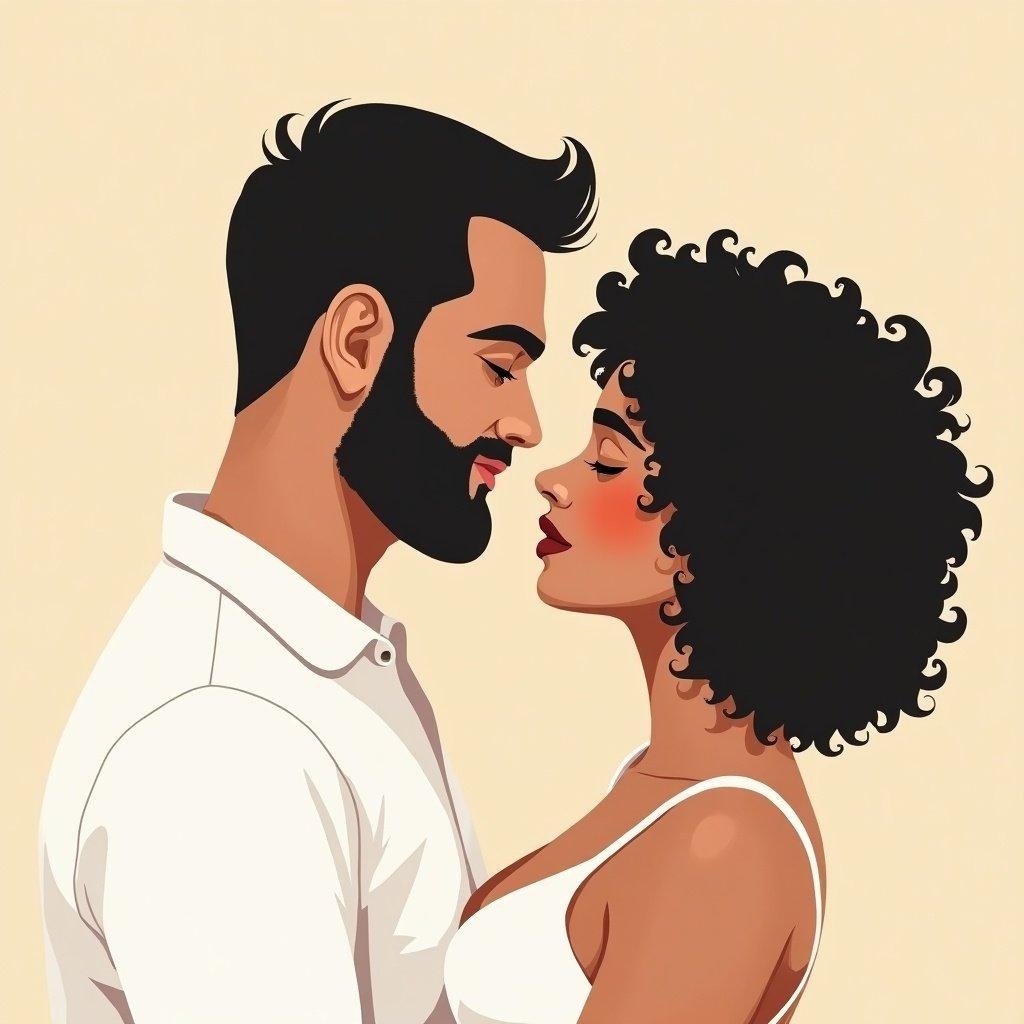 Digitally illustrated intimate moment between a couple. The man wears a white shirt. The woman has voluminous curly hair and a white tank top. They face each other closely in a romantic atmosphere with a beige background.