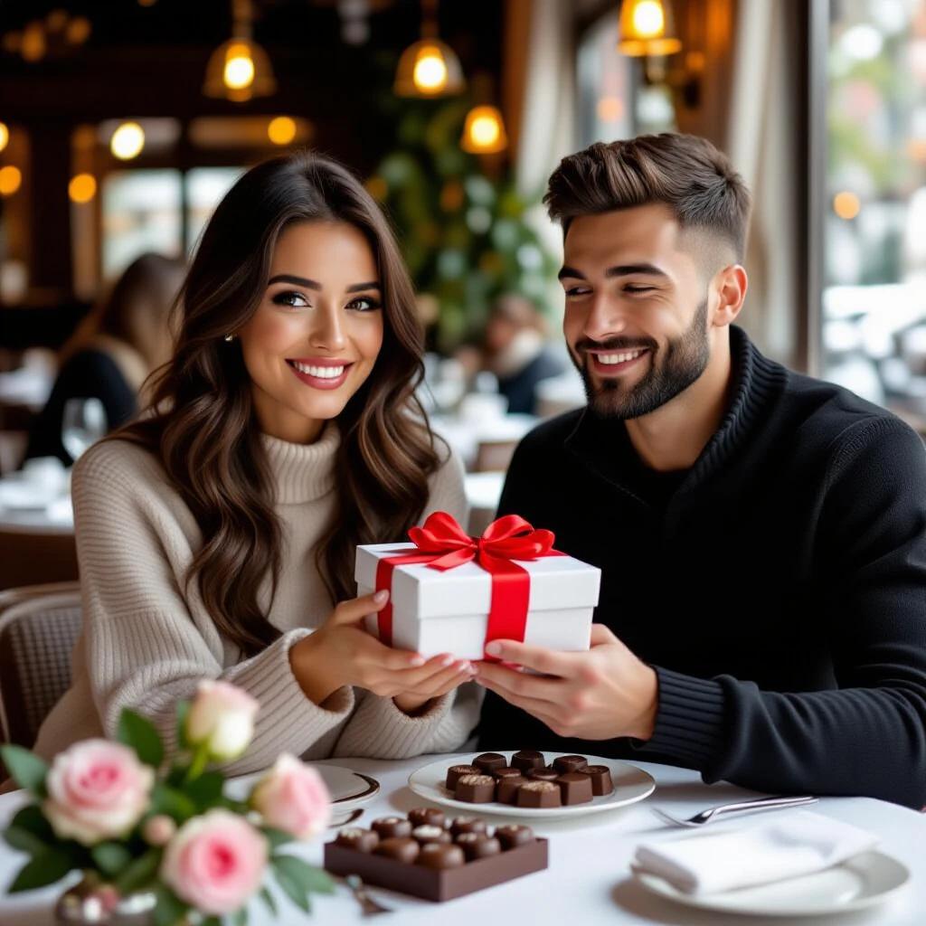A beautiful young woman with light eyes and thick black hair smiles as she receives a gift from her boyfriend. The gift is wrapped in a white box with a red ribbon. They are in an elegant restaurant setting. A bouquet of roses and a box of chocolates are on the table. The atmosphere is warm and inviting.