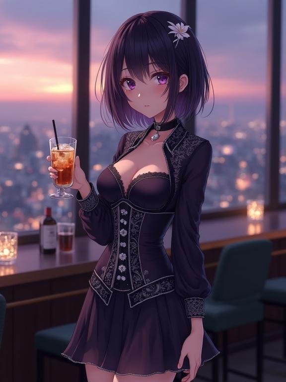 Anime-style young woman in high-rise lounge. Dark violet hair with a white flower. Deep violet eyes. Dark satin outfit with silver embroidery. Holding a drink. City lights in the background. Soft warm color palette. Intimate atmosphere with blurred details.