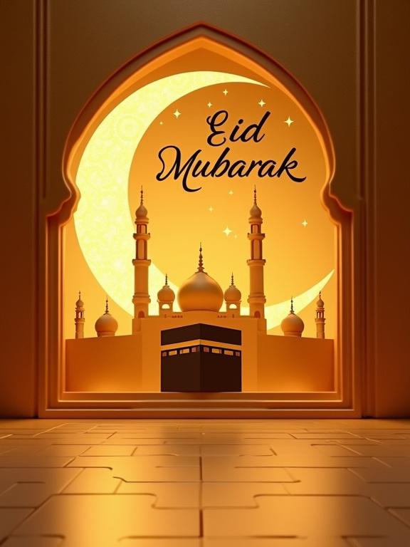 3D greeting card design for Eid al-Adha with Islamic motifs. Features a prominent crescent moon and mosque minaret. Kaaba illuminated under moonlight with stars. Phrase 'Eid Mubarak' in English calligraphy. Signature 'Kadry Soliman' at the bottom.