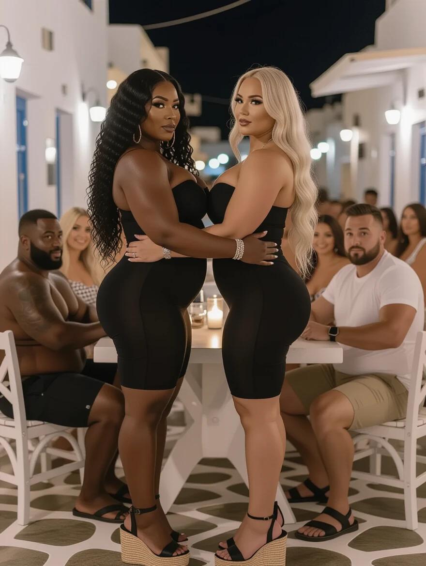 Two bodybuilder women stand closely together. One has long black curly hair and dark skin. The other has long blonde wavy hair and light skin. They wear tight strapless black dresses and espadrille heels. They embrace each other with hands locked. The setting is a Mykonos tavern at night with a lively atmosphere.