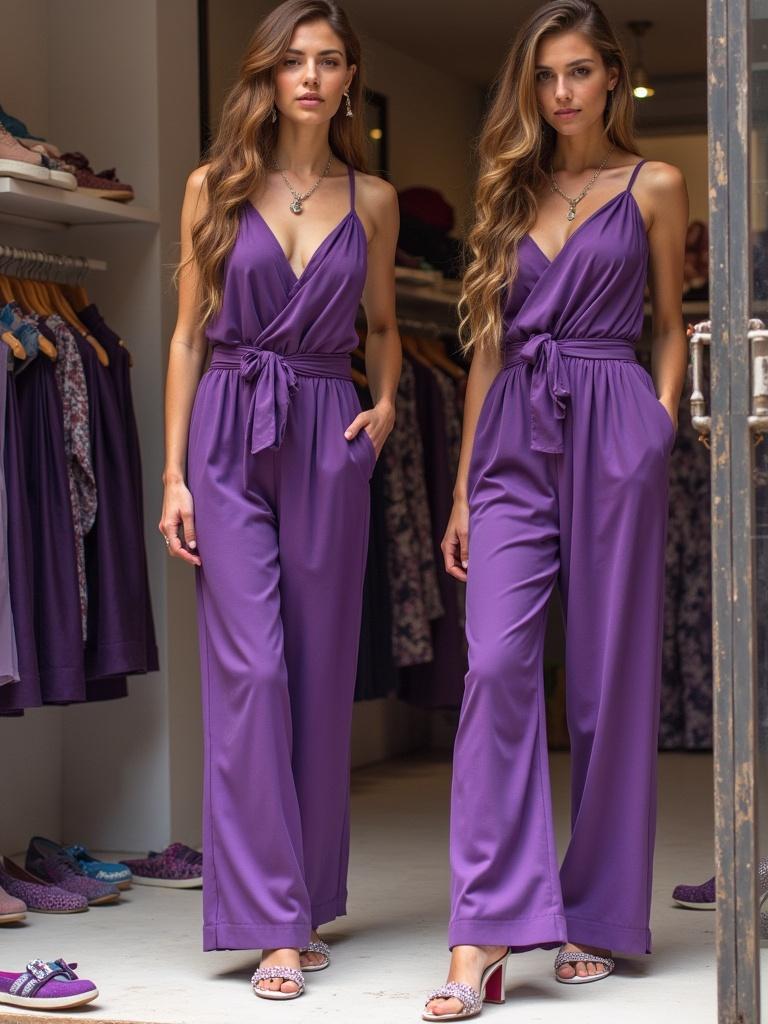 Two women wearing matching purple jumpsuits stand in a clothing store. The store features purple clothes and shoes for men and women. The background displays various clothing items on racks. The women have long hair and are styled elegantly.