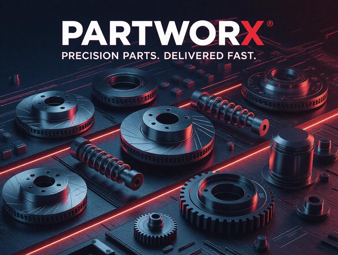 A sleek banner image for an online auto parts store called PartWorx. Features high-tech visuals of automotive parts like brake discs shock absorbers pistons and gears. Arranged in a glowing layout with a dark background. Metallic and red highlights with digital elements. Contains the words PartWorx and the slogan Precision Parts. Delivered Fast. in bold font. Professional design that feels futuristic.