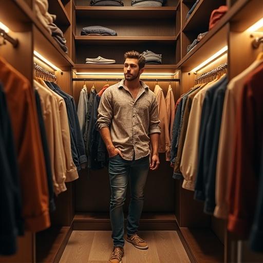 Detailed close-up of a man in a modern closet. He wears a casual collar shirt and designer jeans. Closet features tropical style clothing and organized shelves for shoes. Soft golden lighting enhances the atmosphere.