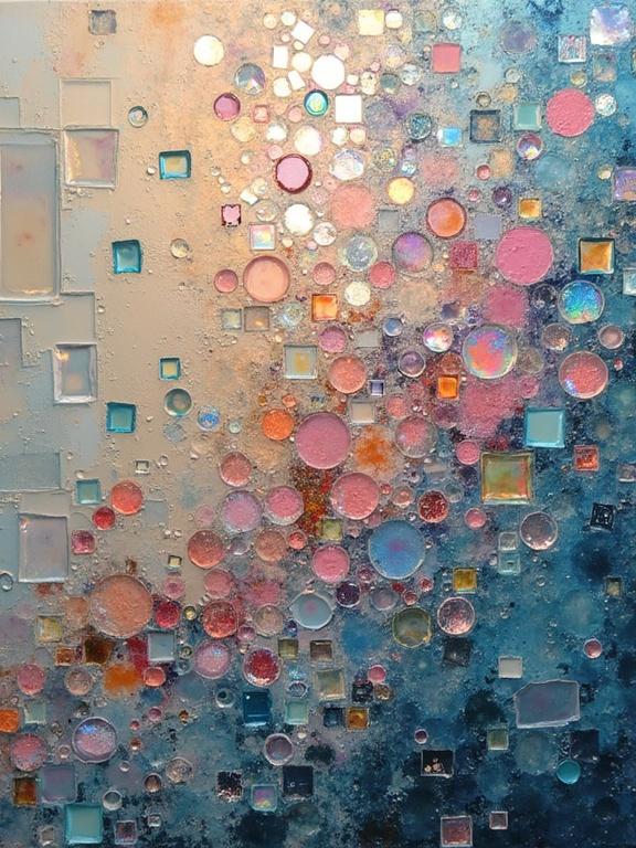 Abstract artwork composed of iridescent ceramic tile and glass mosaic. Features colorful circular shapes in a soft ethereal design. Encaustic mixed media enhances the texture.