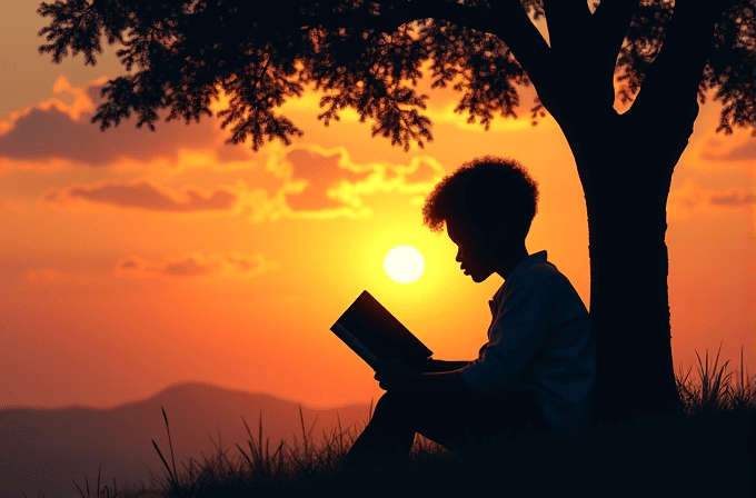 A person sits under a tree reading a book, silhouetted against a vibrant orange sunset.