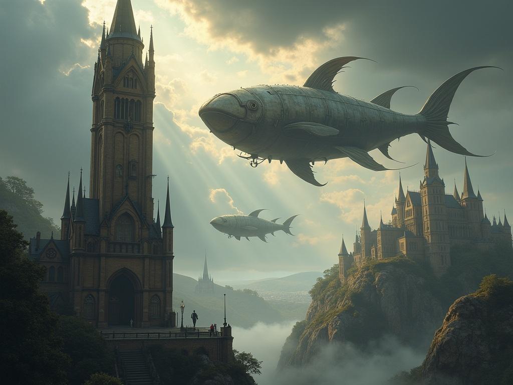 Fantastical scene with steampunk and medieval elements. Features a tall illuminated tower on the right with gothic designs. A large whale-shaped airship carries passengers below. In the background a traditional medieval castle blends into the landscape. The sky is dark with rays of light creating atmosphere. Additional airships in the distance.