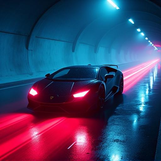 Futuristic black Lamborghini with laser light wheel rims in a long tunnel at night. Deep blue and red lighting create a cyberpunk ambiance. Car leaves long sevenfold double-line laser light trails. Strobe laser light beams shoot from the front lights. Fog and rain effects enhance the moody atmosphere.