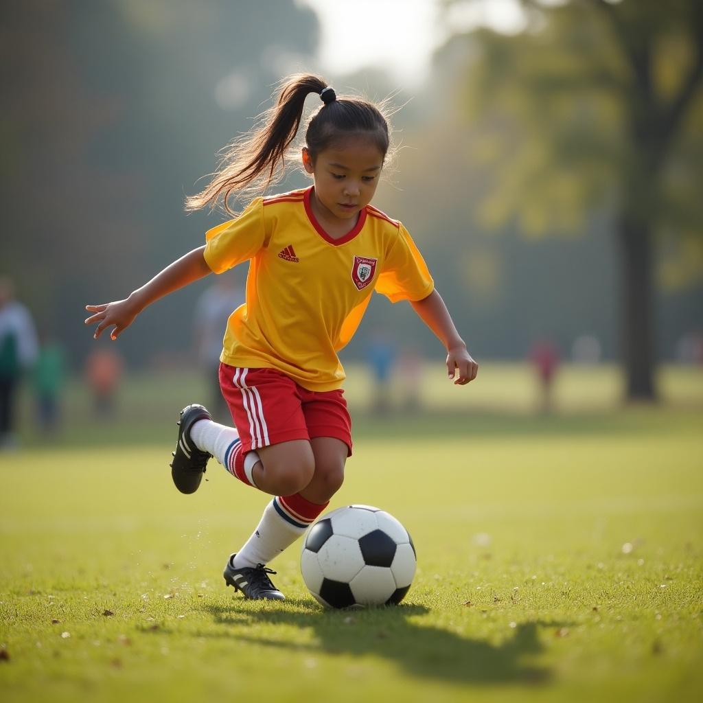 Young girl plays soccer on grass field. Wearing yellow and red sports uniform. Focus on dribbling soccer ball. Natural setting, vibrant atmosphere.