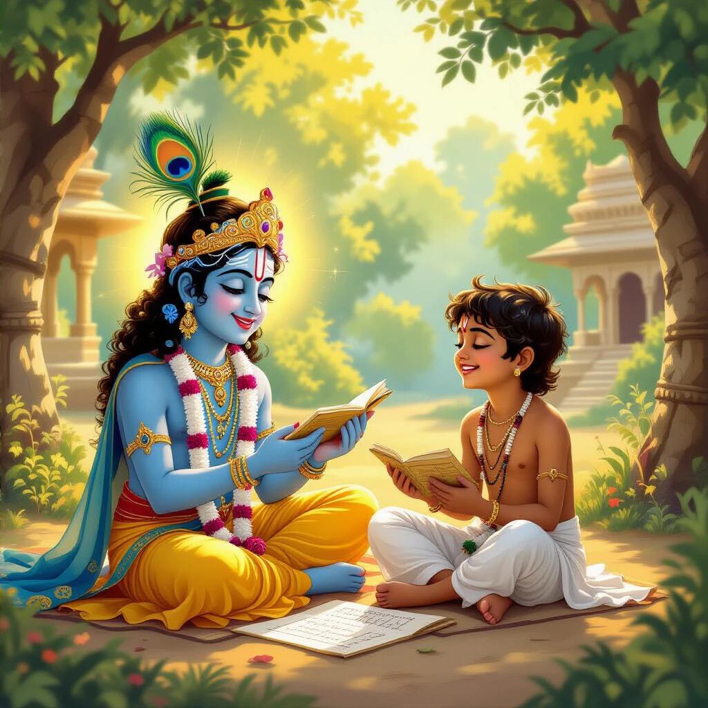 Heartwarming mythological scene featuring young Krishna and Sudhama. Krishna wears a peacock feather crown and golden attire. Sudhama is in a humble white dhoti. Both sit on the ground, studying from palm leaf scrolls in a peaceful forest Gurukul. Background shows ancient Indian village and palace with soft sunlight filtering through trees.