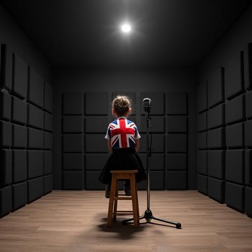 Studio room with microphone. Black soundproof walls. Black ceiling. Photorealistic details. 12 year old girl in black skirt with UK flag shirt. Sitting on high stool facing viewer.