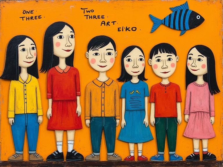 A whimsical painting of six figures in unique clothing with a blue fish. The background is textured orange. Bright colors create a joyful atmosphere.