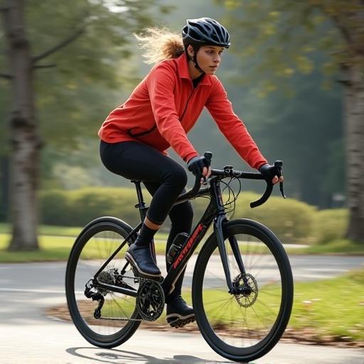 Woman riding a bicycle confidently on a path. The cyclist wears a stylish red jacket and black athletic clothing. Bike has a sleek design. The scene shows greenery and a tranquil setting.