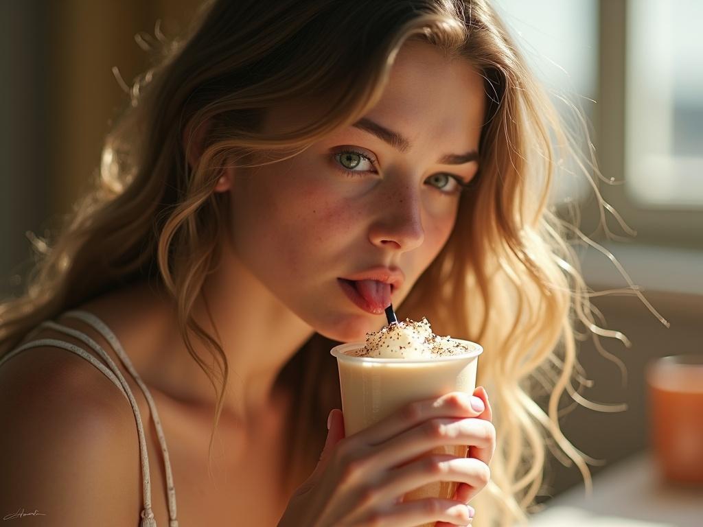 A young woman holds a glass of milkshake with a straw. She gently licks her hand after a spill. The scene captures soft lighting and a dreamy atmosphere. The style is influenced by famous artists. The image conveys a casual and relaxed mood.