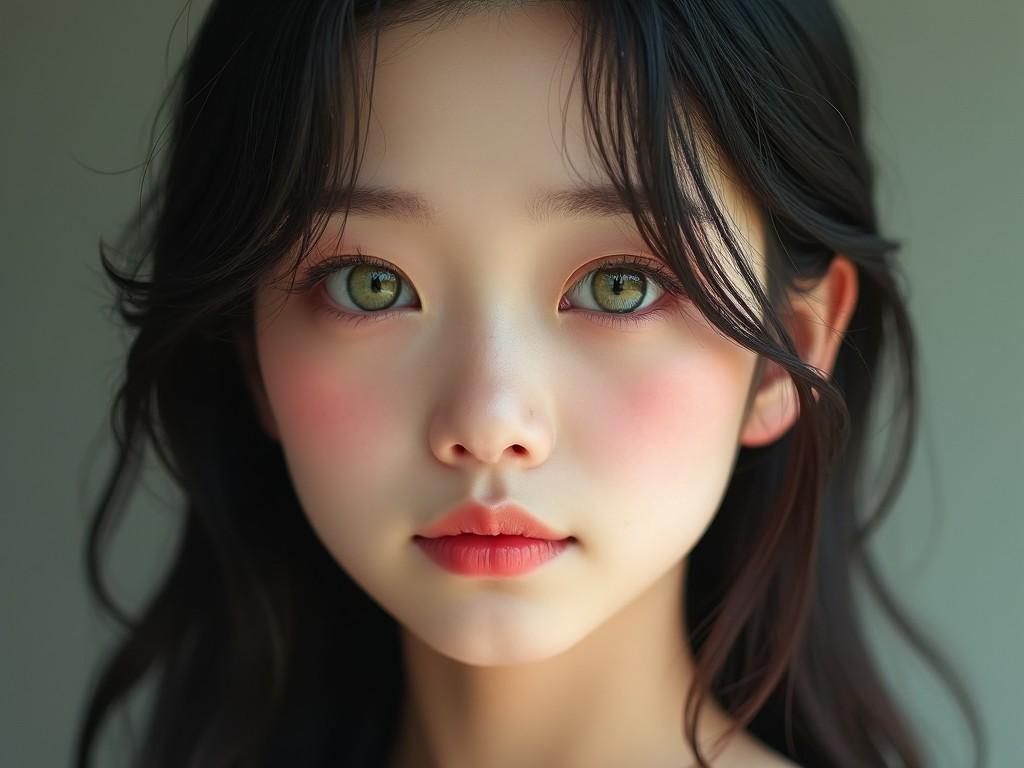 This image features a stunning portrait of a young girl from Korea, highlighted by her captivating green eyes. She possesses a delicate and serene expression, accentuated by her soft features and subtle makeup. The lighting is natural and soft, enhancing the realistic qualities of her skin and hair. The background is muted, allowing her face to be the central focus. This ultra-realistic photography captures both beauty and emotion, making it an exceptional piece for portrait studies.