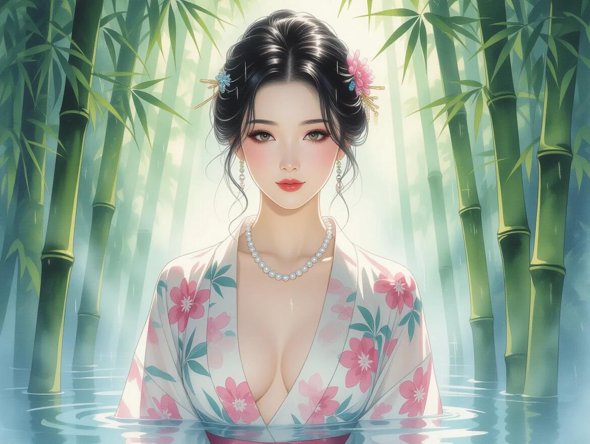 Beautiful Japanese woman emerges from misty bamboo forest. She wears a soaking wet robe. The robe shimmers in the sunlight. An ornate pearl necklace adorns her neck. Her hair has delicate tendrils framing her face. The scene is detailed in a watercolor style. Pastel colors enhance the ethereal beauty.