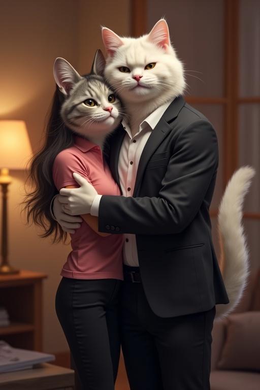 A proud anthropomorphic male cat and a beautiful female cat embrace in a cozy living room. The male cat has white fur and wears an open black blazer. The female cat is light gray with thin black stripes and wears a pink shirt. Both cats look very happy. The background has warm night lighting.