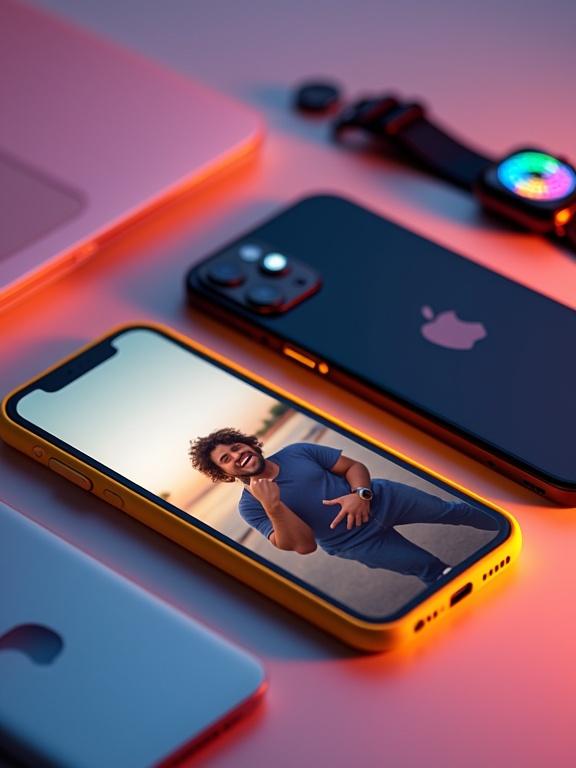 Artistic display of technology products. Yellow iPhone shows a photo. Black iPhone and silver MacBook included. Apple Watch with colorful dial. Background gradient enhances colors.