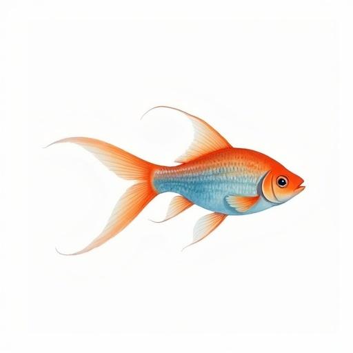 Watercolor painting in pastel colors features a blank and centered background with an orange and blue fish swimming.