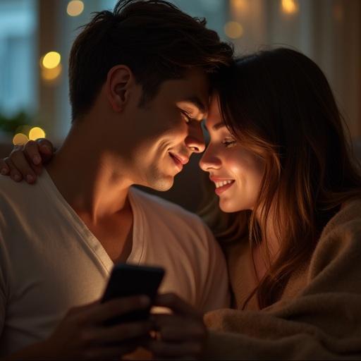 a couple sharing a intimate moment using a cellphone. They smile at each other. The setting is cozy with warm lighting and soft focus.