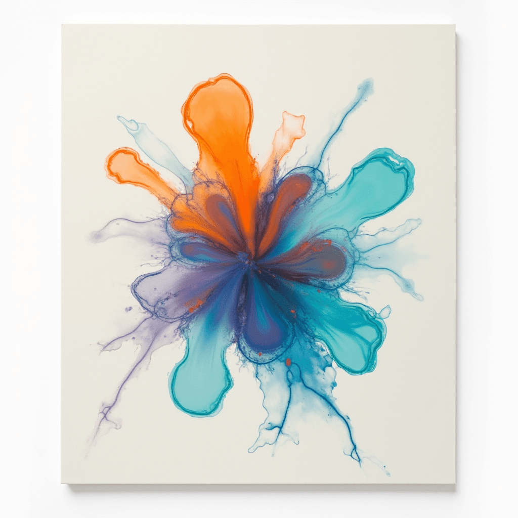 This abstract artwork features a vibrant explosion of colors, primarily in shades of orange, blue, and purple. The composition resembles a floral pattern, with organic shapes radiating outward from a central point. The colors appear to blend and interact, creating a dynamic sense of movement. The background is a neutral white, allowing the vivid colors to stand out prominently. The use of fluid brushstrokes and diffused edges gives the impression of motion and energy, making the piece feel lively and vibrant.