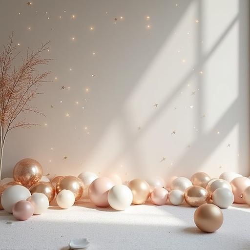 A photography studio-style background with a wall of balloons. Clean floor covered with cotton resembling snow. Light tones in decoration are used for a birthday theme. Includes balloons and golden stars. Soft diffused artificial lighting creates a bright atmosphere while minimizing shadows. The photo is taken from a low-angle view, almost parallel to the floor focusing on the wall.