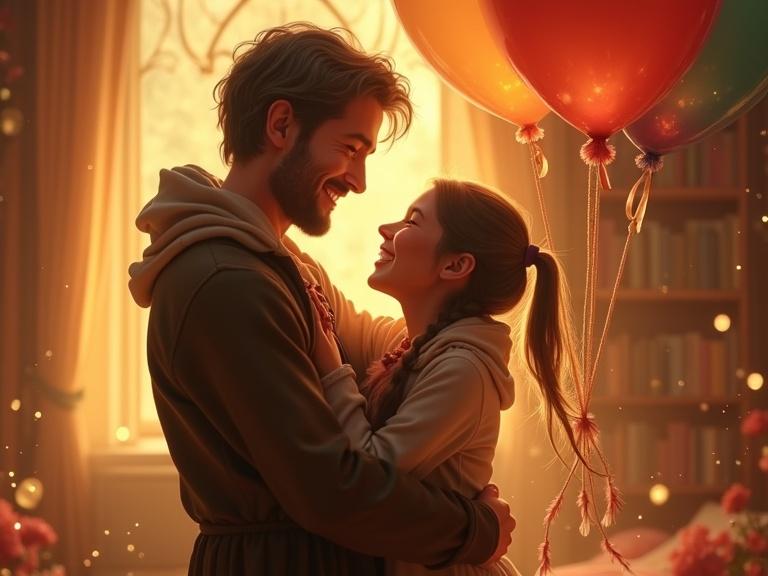 Vasylko smiles as he gives a colorful balloon to Olenka. Olenka’s face lights up with joy as she hugs him. The room has a magical golden light with sparkles. It is a fairy-tale moment.