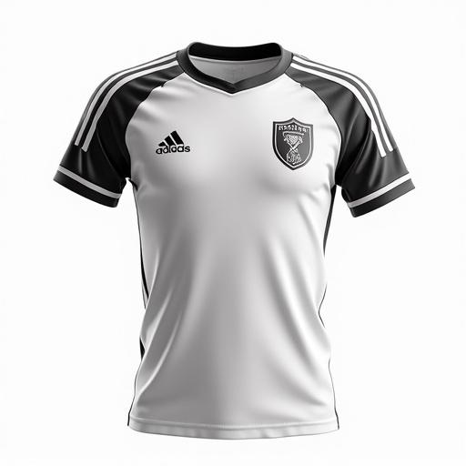 Image of a soccer t-shirt on a white background. The t-shirt is white with black accents and has an Adidas logo. It showcases a modern sportswear design.