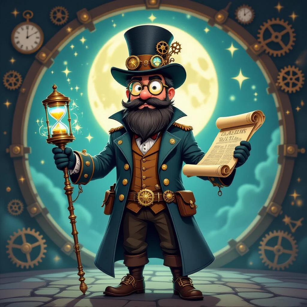 A whimsical cartoon-style time-traveling professor wears a long flowing steampunk trench coat with brass buttons. Details include glowing gadgets and a wild black beard. He sports round spectacles and a top hat with spinning gears. One hand holds a glowing hourglass staff and the other an old scroll with cosmic symbols. A vintage brass microphone hangs from a belt. He stands in front of a swirling portal of clocks and gears, with a luminous full moon behind him. The background features floating books and alchemical diagrams in a magical steampunk setting.