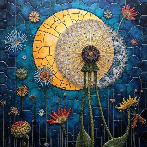Ethereal abstract art using iridescent ceramic tiles and glass mosaics. Features a dandelion in textured detail under a mysterious moonlit sky. Incorporates encaustic mixed media elements for depth and intrigue.