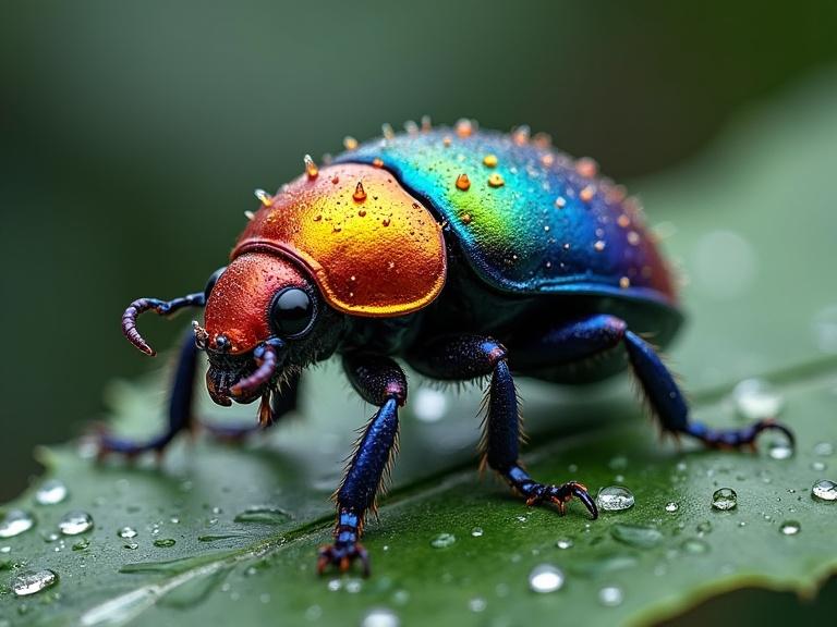 Draw a photorealistic and detailed beetle with rainbow colors and squid-like features sitting on a leaf covered in dew.